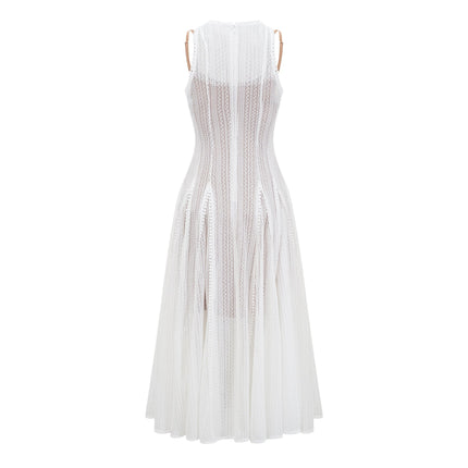 Lilah White Crochet Knit Midi Dress with Puff Skirt and Godet Design