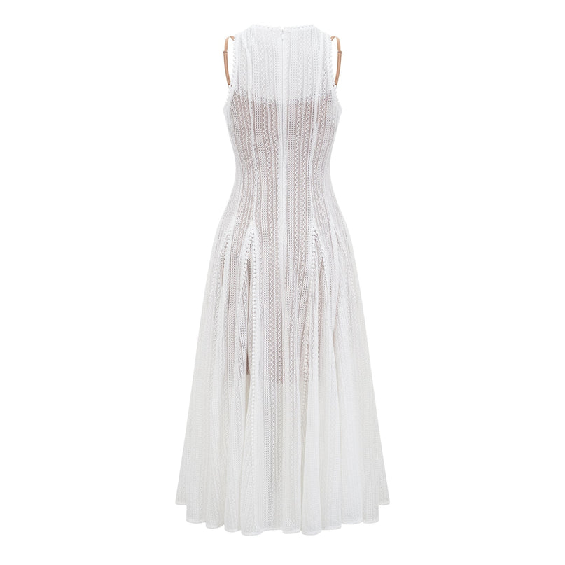 Lilah White Crochet Knit Midi Dress with Puff Skirt and Godet Design