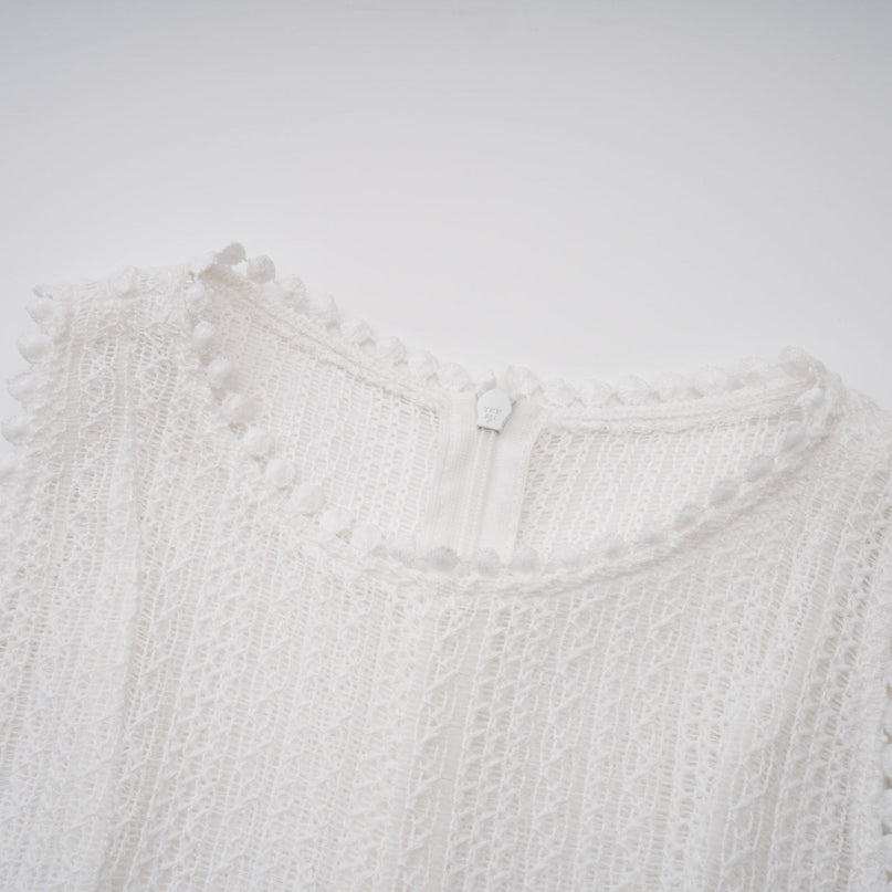 Lilah White Crochet Knit Midi Dress with Puff Skirt and Godet Design