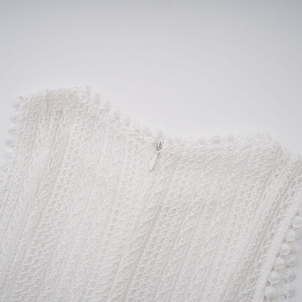 Lilah White Crochet Knit Midi Dress with Puff Skirt and Godet Design