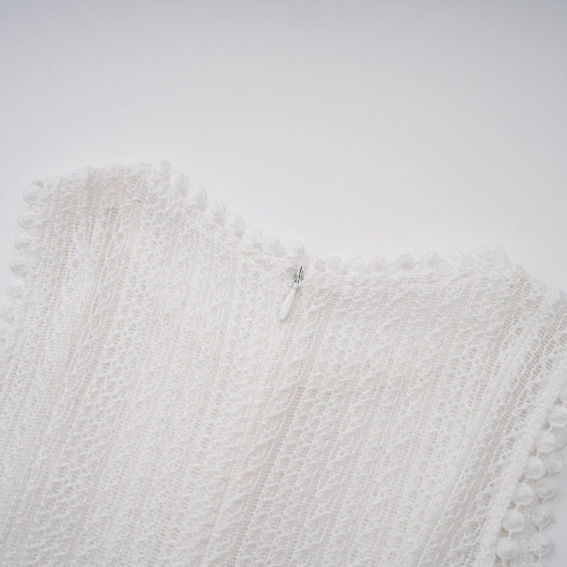 Lilah White Crochet Knit Midi Dress with Puff Skirt and Godet Design