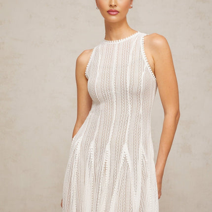 Lilah White Crochet Knit Midi Dress with Puff Skirt and Godet Design