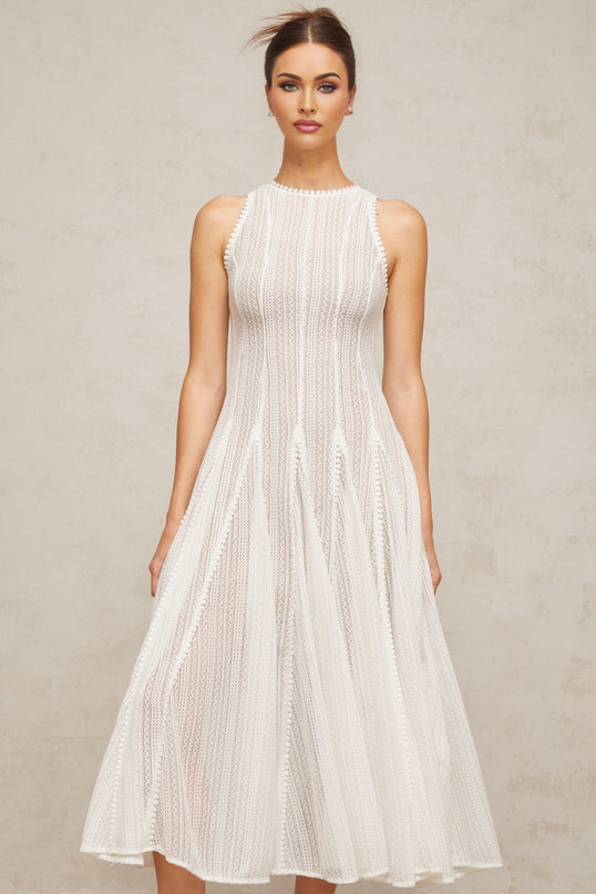Lilah White Crochet Knit Midi Dress with Puff Skirt and Godet Design