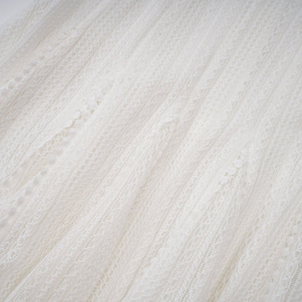 Lilah White Crochet Knit Midi Dress with Puff Skirt and Godet Design