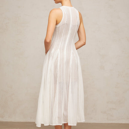 Lilah White Crochet Knit Puff Skirt Midi Dress Godet Design Crew Neck Sleeveless Slip Dress Rear Zip Fastening 95% Terylene 5% Spandex