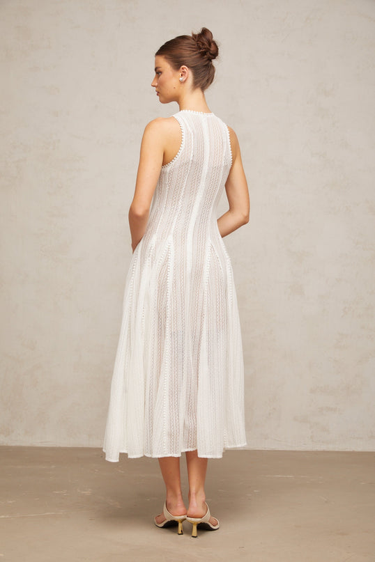 Lilah White Crochet Knit Puff Skirt Midi Dress Godet Design Crew Neck Sleeveless Slip Dress Rear Zip Fastening 95% Terylene 5% Spandex