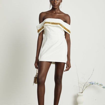 Lilah White Sequin Mini Dress Polyester Viscose Sleeveless Fitted Straight Hem Rear Zip Fastening