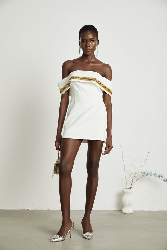 Lilah White Sequin Mini Dress Polyester Viscose Sleeveless Fitted Straight Hem Rear Zip Fastening