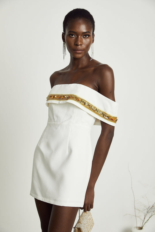 Lilah White Sequin Mini Dress Polyester Viscose Sleeveless Fitted Straight hem Rear zip fastening cocktail party special event elegance glamour luxury