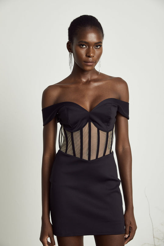 Liliana Black Corset Mesh Mini Dress