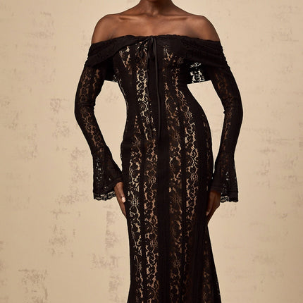 Liliana Black Floral Lace Midi Dress with Flared Cuffs and Off-Shoulder Design