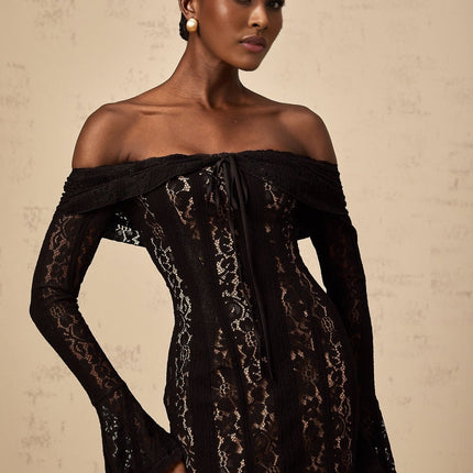 Liliana Black Floral Lace Midi Dress with Flared Cuffs off-shoulder Design and Cut-out Detailing Long Sleeves and Rear Zip Fastening