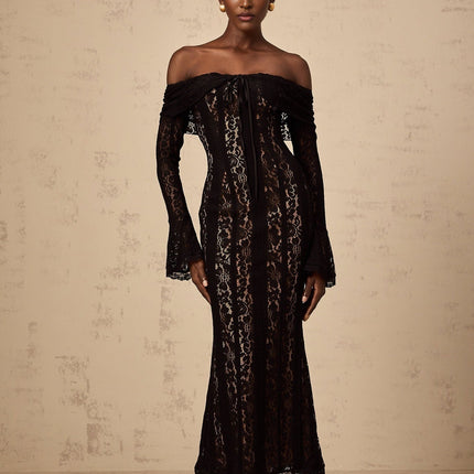 Liliana Black Floral Lace Midi Dress with Flared Cuffs Off-Shoulder Design and Cut-Out Detailing Long Sleeves Rear Zip Fastening