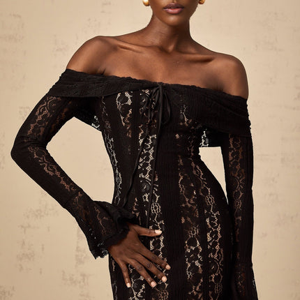Liliana Black Floral Lace Midi Dress with Flared Cuffs and Off-Shoulder Design