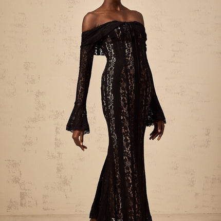 Liliana Black Floral Lace Midi Dress with Flared Cuffs Off-Shoulder Design and Cut-Out Detailing in 65% Cotton and 35% Chinlon