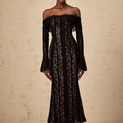 Liliana Black Floral Lace Midi Dress with Flared Cuffs Off-Shoulder Design and Cut-Out Detailing