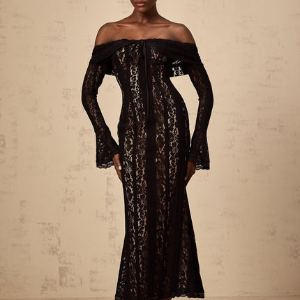 Liliana Black Floral Lace Midi Dress with Flared Cuffs Off-Shoulder Design and Cut-Out Detailing
