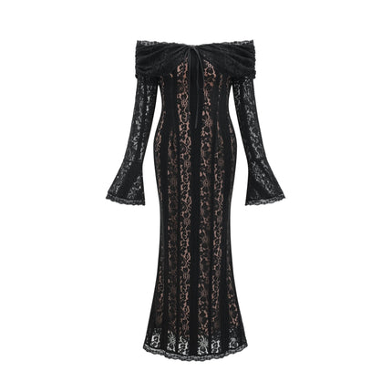 Liliana Black Floral Lace Off-Shoulder Midi Dress with Flared Cuffs and Cut-Out Detailing