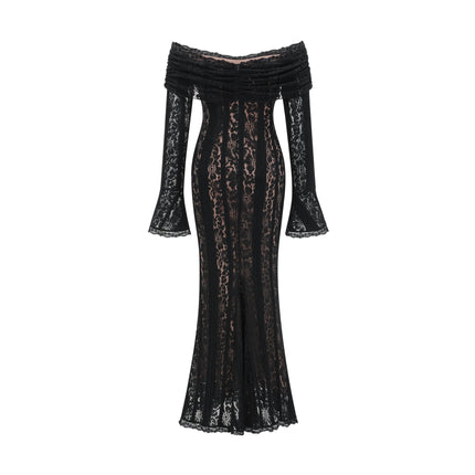 Liliana Black Floral Lace Off-Shoulder Midi Dress with Flared Cuffs