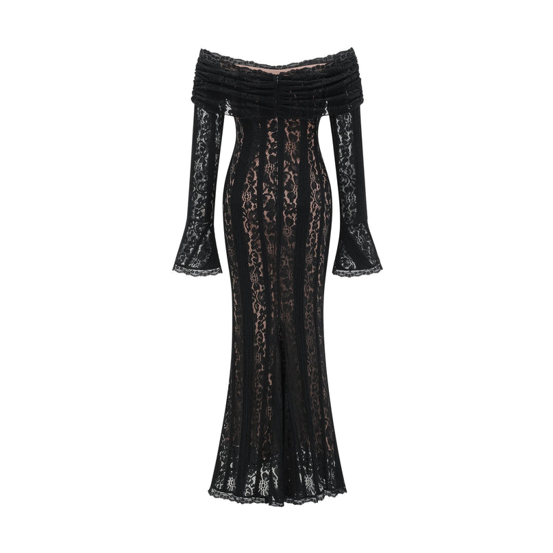 Liliana Black Floral Lace Off-Shoulder Midi Dress with Flared Cuffs