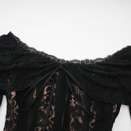 Liliana Black Floral Lace Off-Shoulder Midi Dress with Flared Cuffs