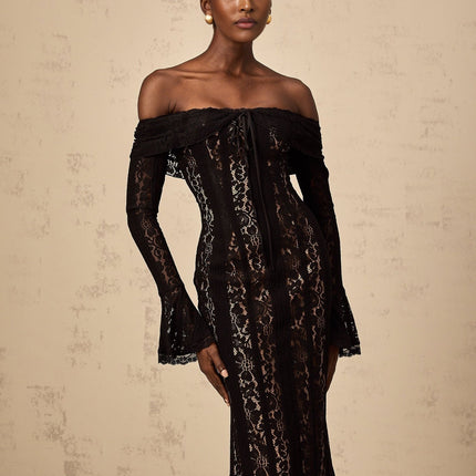 Liliana Black Floral Lace Off-Shoulder Midi Dress with Flared Cuffs