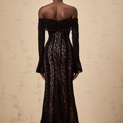Liliana Black Floral Lace Off-Shoulder Midi Dress with Flared Cuffs