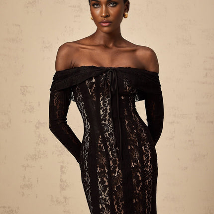 Liliana Black Floral Lace Off-Shoulder Midi Dress with Flared Cuffs