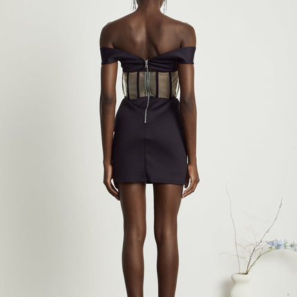 Liliana Black Mini Dress Sweetheart Off-the-shoulder Corset Mesh Rear zip Polyamide Elastane Elegant Stylish
