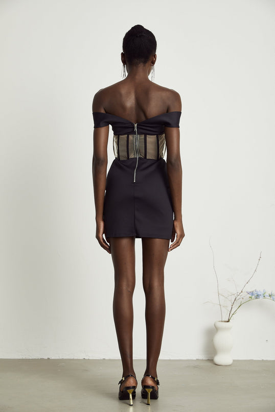 Liliana Black Mini Dress Sweetheart Off-the-shoulder Corset Mesh Rear zip Polyamide Elastane Elegant Stylish
