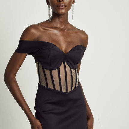 Liliana Black Mini Dress Sweetheart Neck Off-the-shoulder Corset Mesh Panel Rear Zip Polyamide Elastane