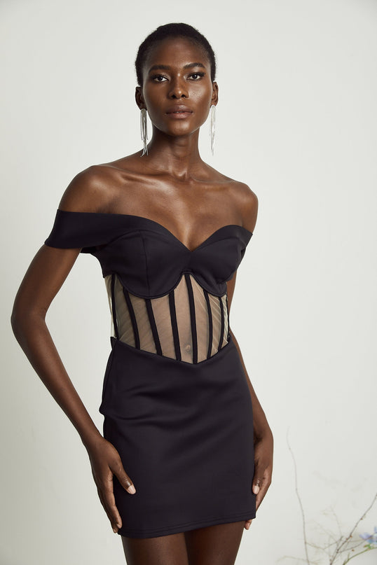 Liliana Black Mini Dress Sweetheart Neck Off-the-shoulder Corset Mesh Panel Rear Zip Polyamide Elastane
