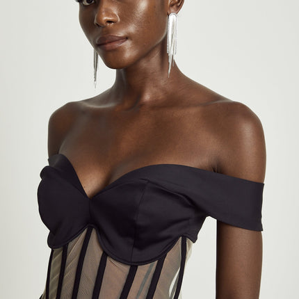Liliana Black Mini Dress Sweetheart Neck Off-the-shoulder Corset Mesh Paneling Rear Zip Fastening Polyamide Elastane Elegant Sophisticated Luxurious Stylish Statement Head-turning