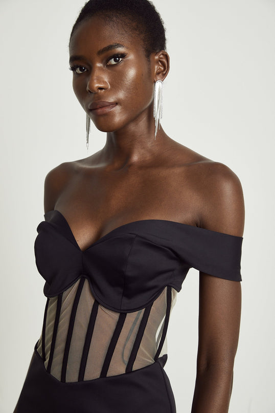 Liliana Black Mini Dress Sweetheart Neck Off-the-shoulder Corset Mesh Paneling Rear Zip Fastening Polyamide Elastane Elegant Sophisticated Luxurious Stylish Statement Head-turning