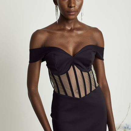 Liliana Black Mini Dress with Sweetheart Neck and Mesh Paneling