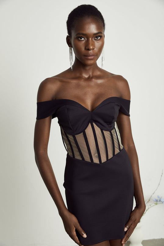 Liliana Black Mini Dress with Sweetheart Neck and Mesh Paneling
