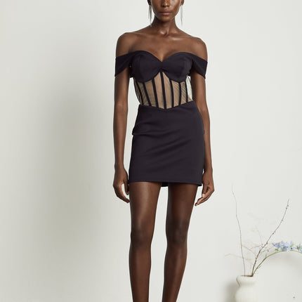 Liliana Black Mini Dress Sweetheart Off-shoulder Corset Mesh Panel Rear Zip Polyamide Elastane