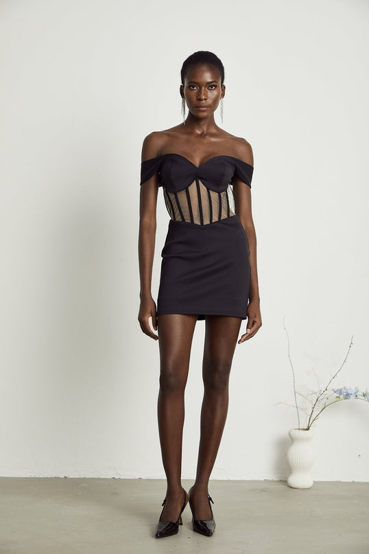 Liliana Black Mini Dress Sweetheart Off-shoulder Corset Mesh Panel Rear Zip Polyamide Elastane
