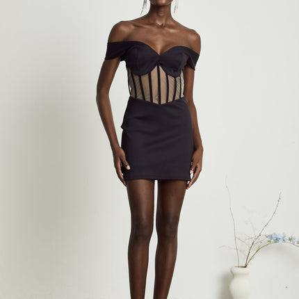 Liliana Black Mini Dress Sweetheart Neck Off-the-shoulder Corset Mesh Paneling Rear Zip 78% Polyamide 22% Elastane