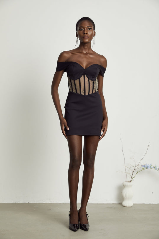 Liliana Black Mini Dress Sweetheart Neck Off-the-shoulder Corset Mesh Paneling Rear Zip 78% Polyamide 22% Elastane