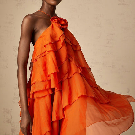 Liliana Maxi Dress in Orange with Floral Appliqué and Flounced Detailing