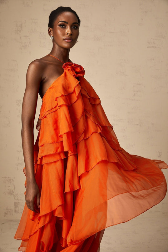 Liliana Maxi Dress in Orange with Floral Appliqué and Flounced Detailing