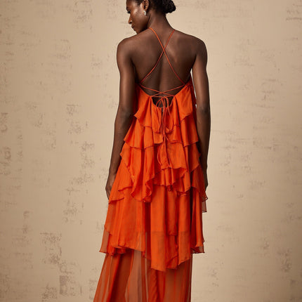 Liliana Maxi Dress in Orange with Floral Appliqué and Halterneck Design
