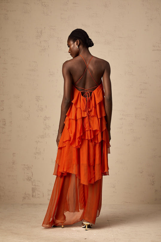Liliana Maxi Dress in Orange with Floral Appliqué and Halterneck Design