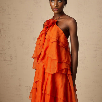 Liliana Maxi Dress in Orange with Floral Appliqué and Halterneck Design