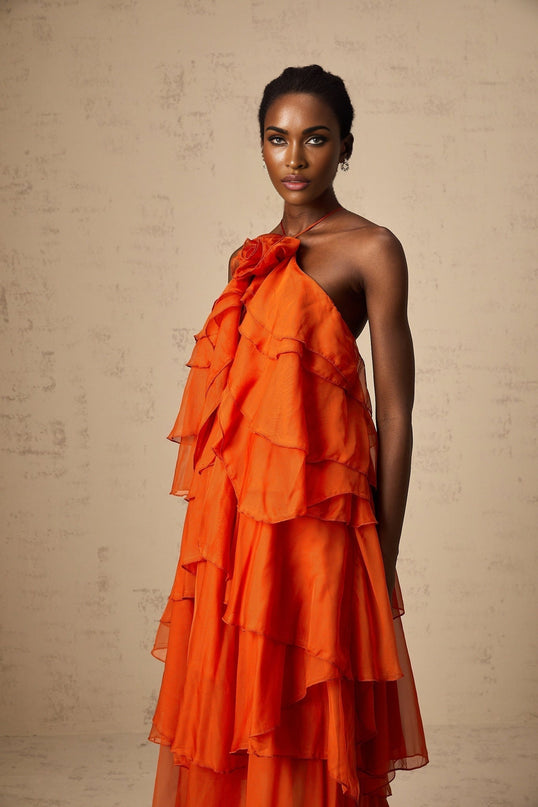 Liliana Maxi Dress in Orange with Floral Appliqué and Halterneck Design