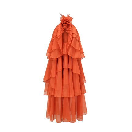 Liliana Maxi Dress in Orange with Halterneck Design and Floral Appliqué