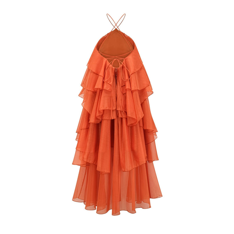 Liliana Maxi Dress in Orange with Halterneck Design and Floral Appliqué