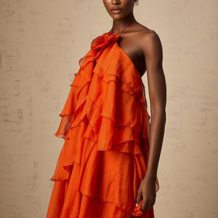 Liliana Maxi Dress in Orange with Halterneck Design and Floral Appliqué
