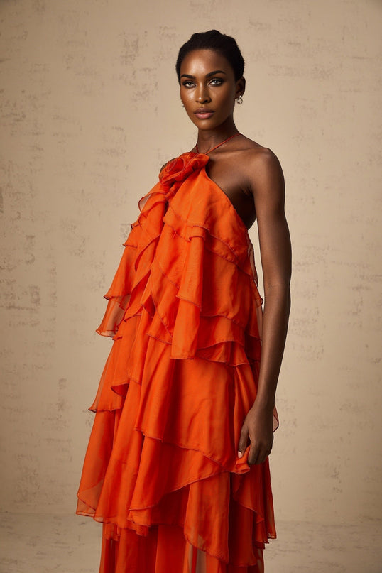 Liliana Maxi Dress in Orange with Halterneck Design and Floral Appliqué